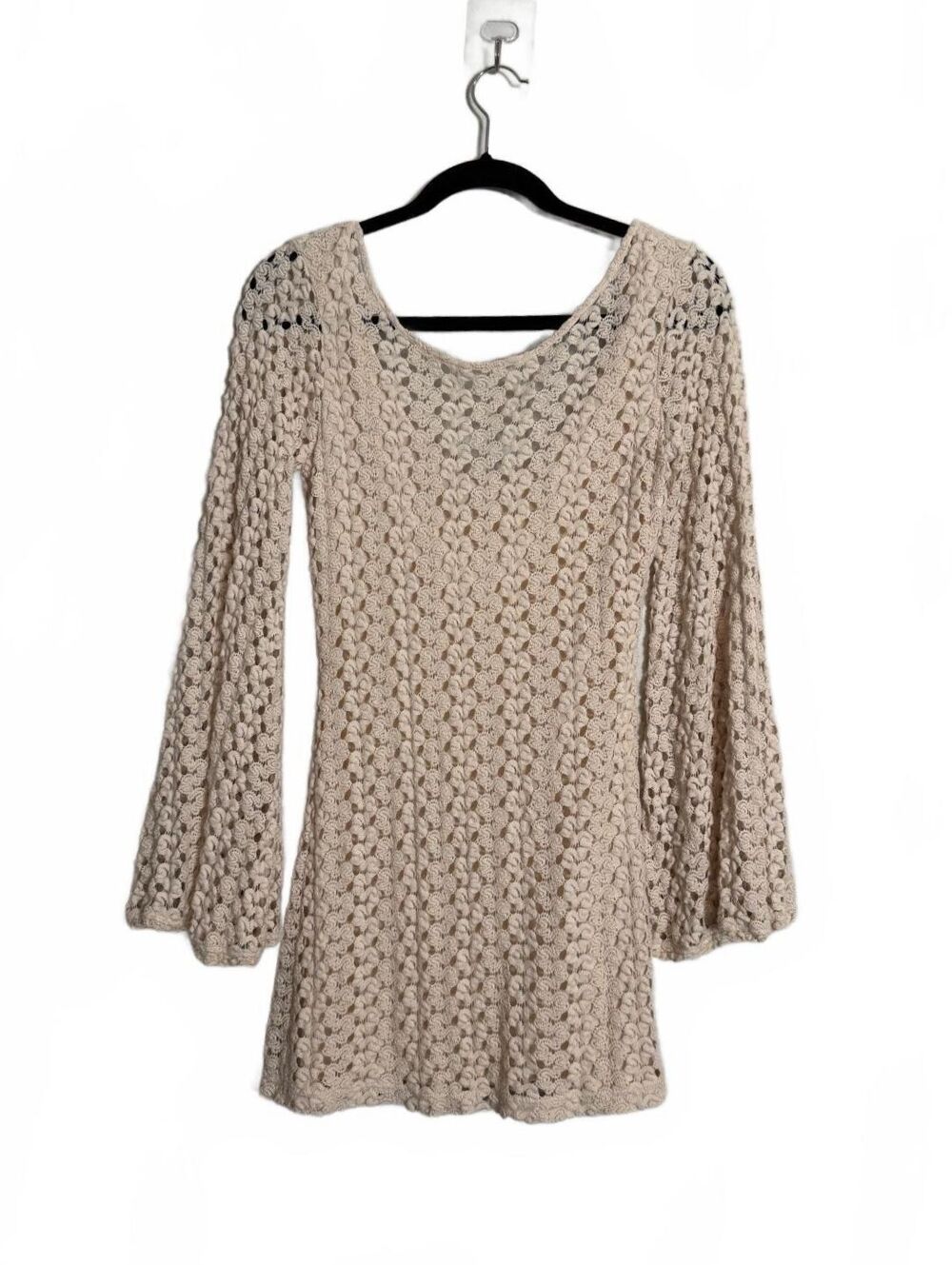Free People Cream Crochet Knit Bell Sleeve Mini Dress